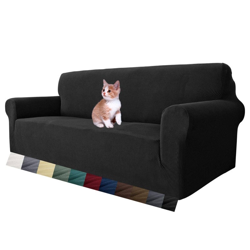 MAXIJIN Super Stretch Couch Cover for 3 Cushion Couch, 1-Piece Universal Sofa Covers Living Room Jacquard Spandex Furniture Protector Dogs Pet Friendly Fitted (Large, Black) - Image 1